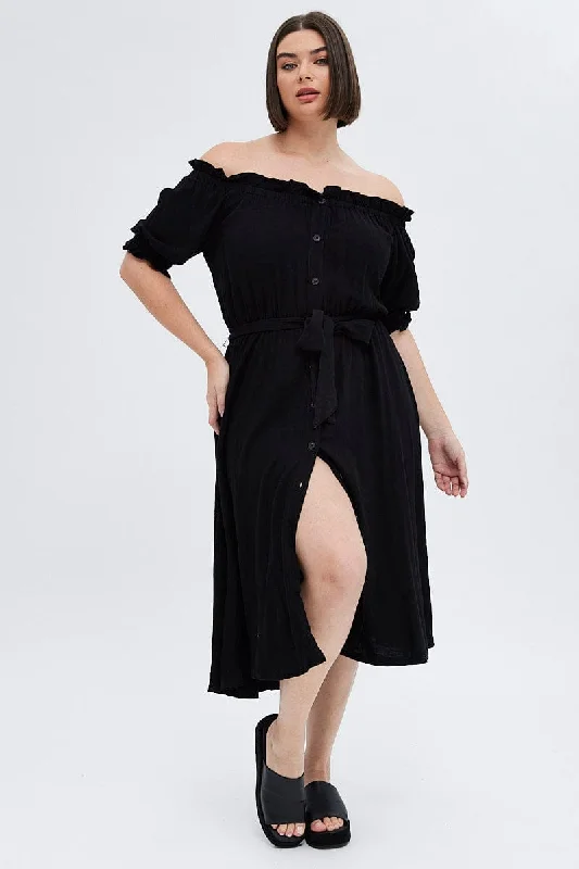 Redefining Women's Fashion Black Short Sleeve Linen Button Midi Dress