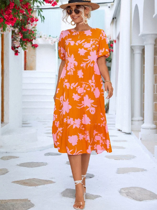 End Of Season Sale Floral Puff Sleeve Ruffle Hem Midi Dress