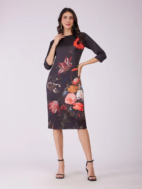 Urban Femme Streetwear Stretch Satin Floral Dress - Black And Red