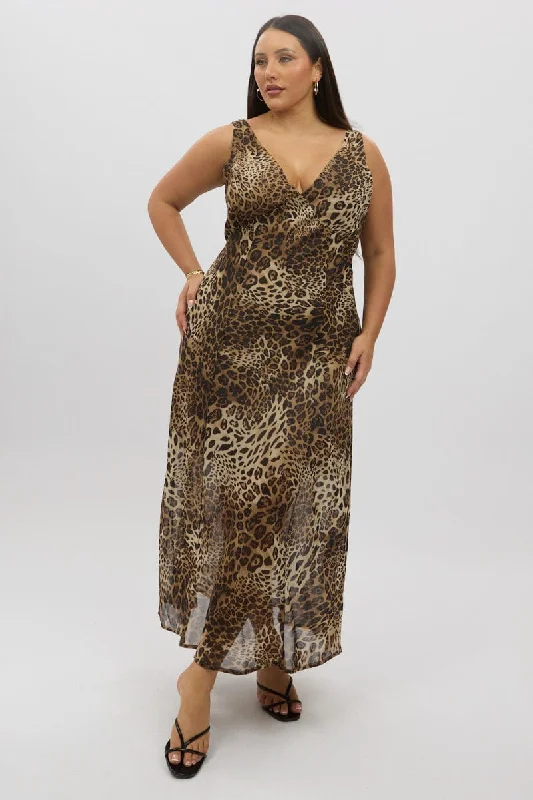 High End Women's Wear Brown Animal Print Maxi Dress Sleeveless