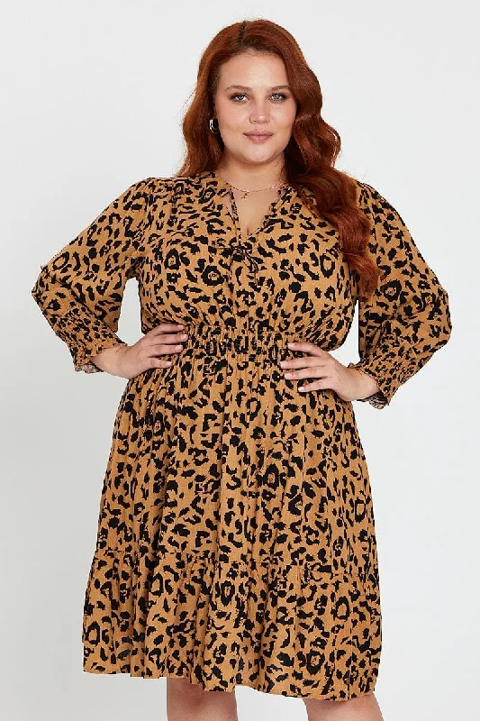 Quality Driven Apparel Animal Print Midi Dress V-neck Long Sleeve