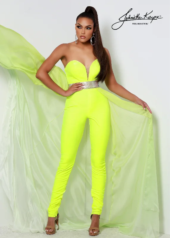 Clearance Sale Online Johnathan Kayne 2609 Size 10 Neon Yellow Long Velvet Jumpsuit Chiffon Overskirt Crystal Waist Pageant Fun Fashion