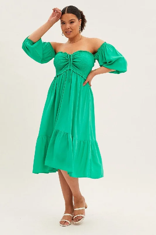 Elegant Fashion Green Midi Dress Off Shoulder Shirred