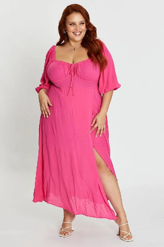 Exclusive Discount Hot Pink Maxi Dress Scoop Neck Short Sleeve Front Split