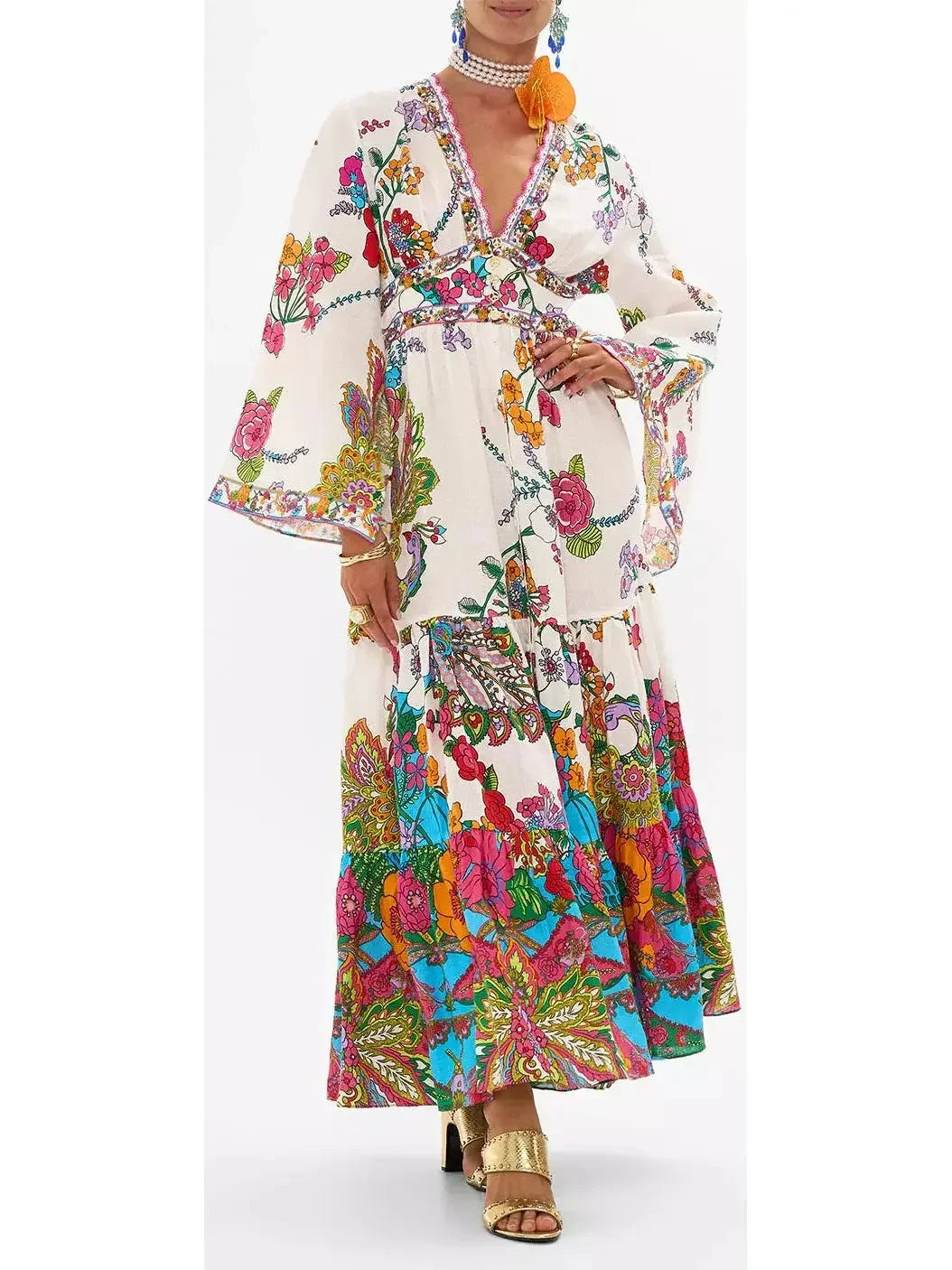 Flash Sale Now Multicolored Floral-Printed Tiered Linen Maxi Dress