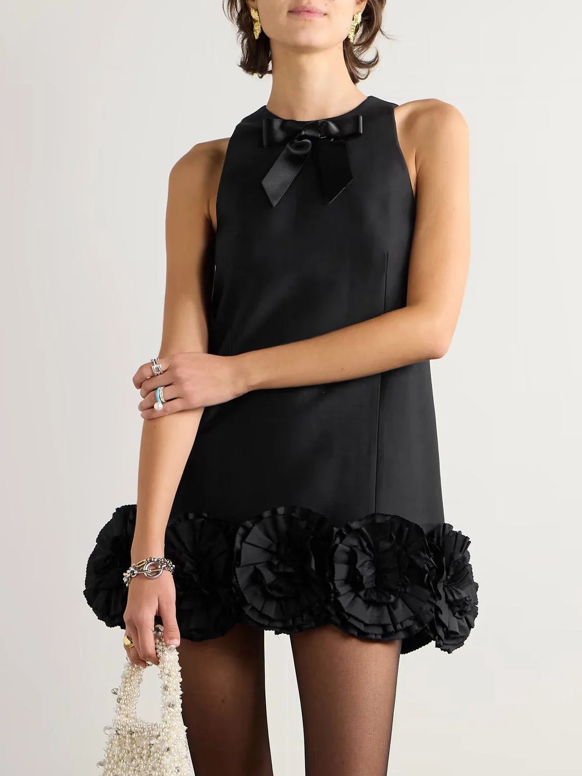 Chic Trends For The Fashion Savvy Floral Appliques Embellished Halter Mini Dress in Black with Bow