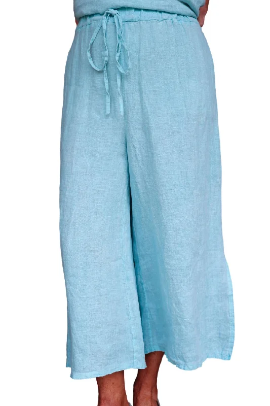 Innovate Your Wardrobe Side Slit Crop Wide Leg Linen Pants In Tiffany Blue