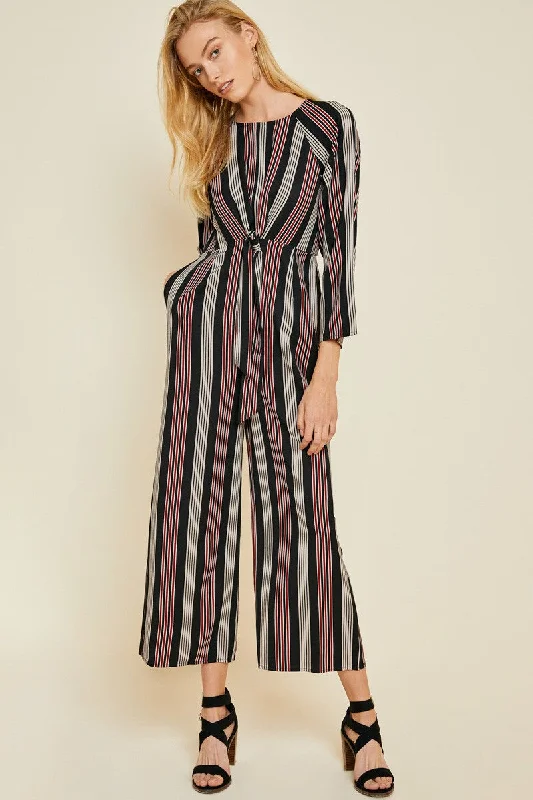 City Fashion Striped Tie-Front Wide Leg Jumpsuit