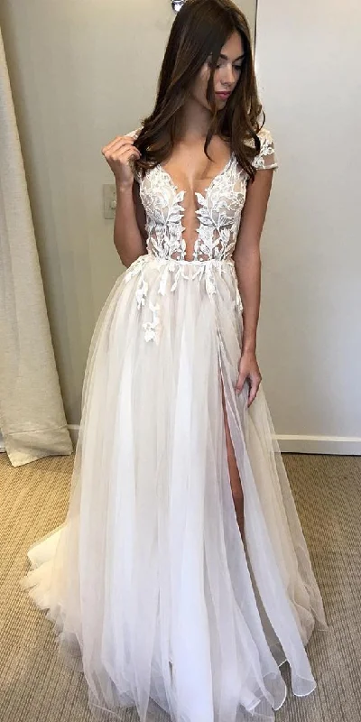 Exclusive Designer Collection Cap Sleeve Deep V-neck Prom Dress With Appliques Sexy Split Wedding Dresses  cg8006