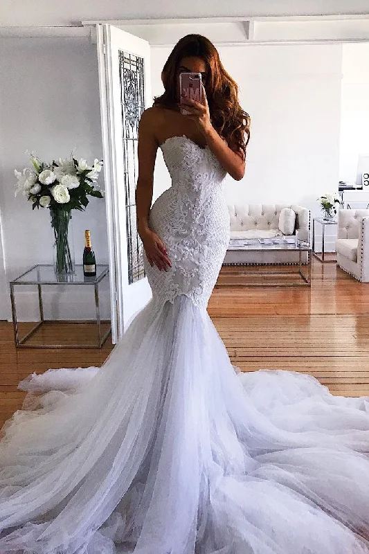 Clothes Of Woman Mermaid Sweetheart Sweep Train Tulle Lace Appliqued Wedding Dresses