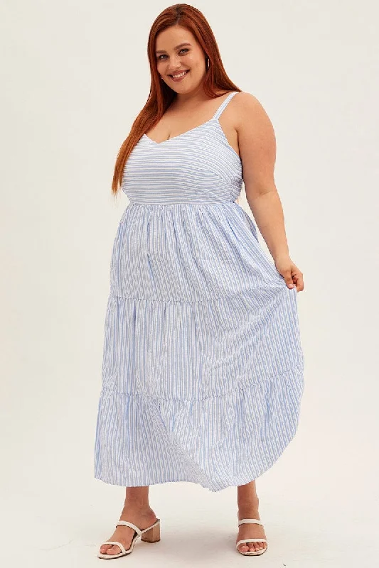 Comfortable Chic Blue Stripe Maxi Dress Sleeveless V-neck Tiered