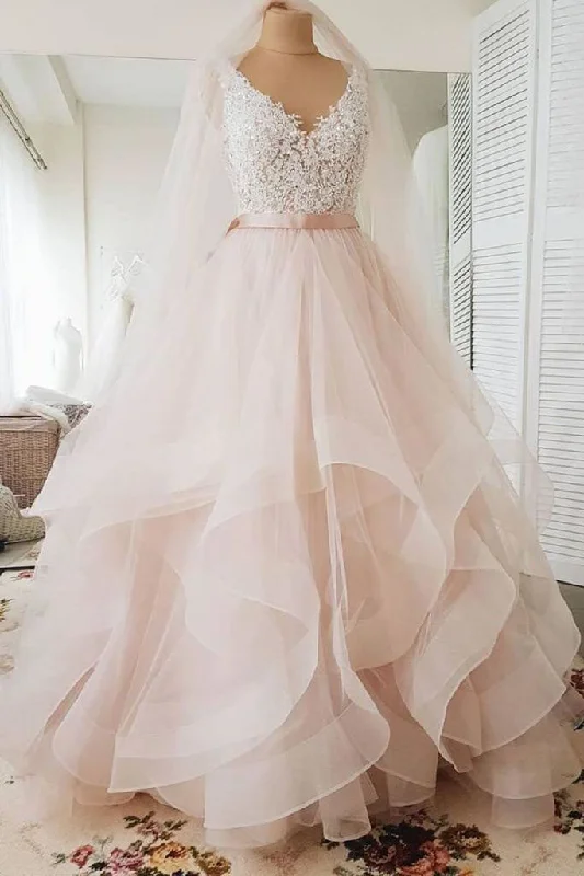 Trendy Street Style Blush Pink Lace Wedding Dress Multi-Layered Wedding Gowns with Ribbon N1634