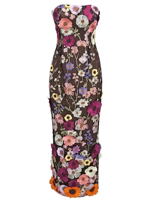 Redefining Women's Fashion Floral-Embroidered Strapless Midi Dress