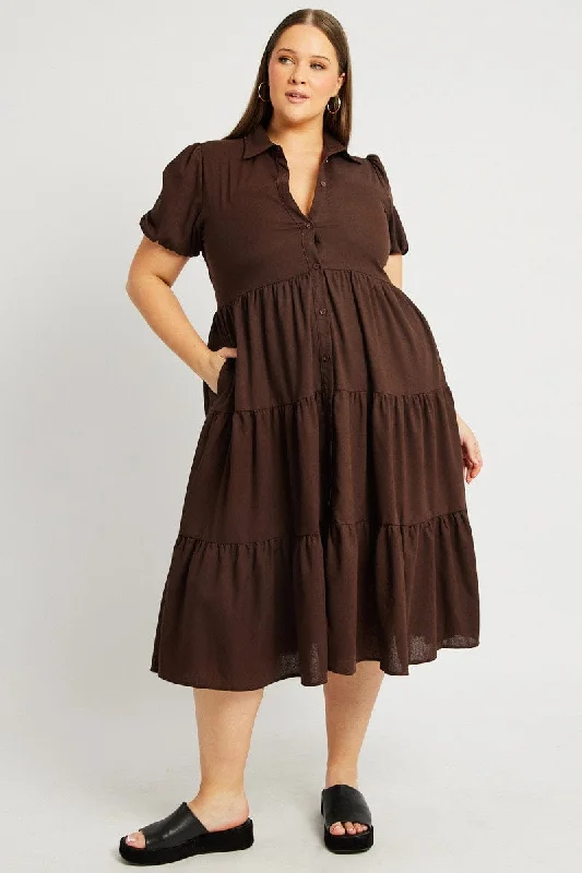 Trendy Fashion For Women Brown Midi Dress Short Sleeve Shirt