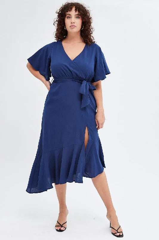 Colorful Clothing Blue Midi Dress Short Sleeve Faux Wrap