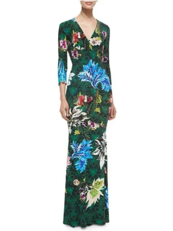 Snag Fabulous Fashion Bargains Floral Print Long Jersey Silk V-Neck Dress in Green