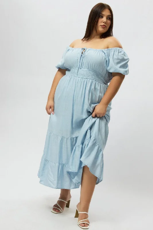 Massive Savings Blue Tiered Midi Dress Short Sleeve Ruched Bust