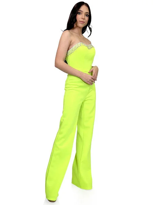 Discount Store Marc Defang 8180 Size 0, 10 Neon Green Long Scuba Strapless Jumpsuit Crystal Fringe Tassel Pageant Neon