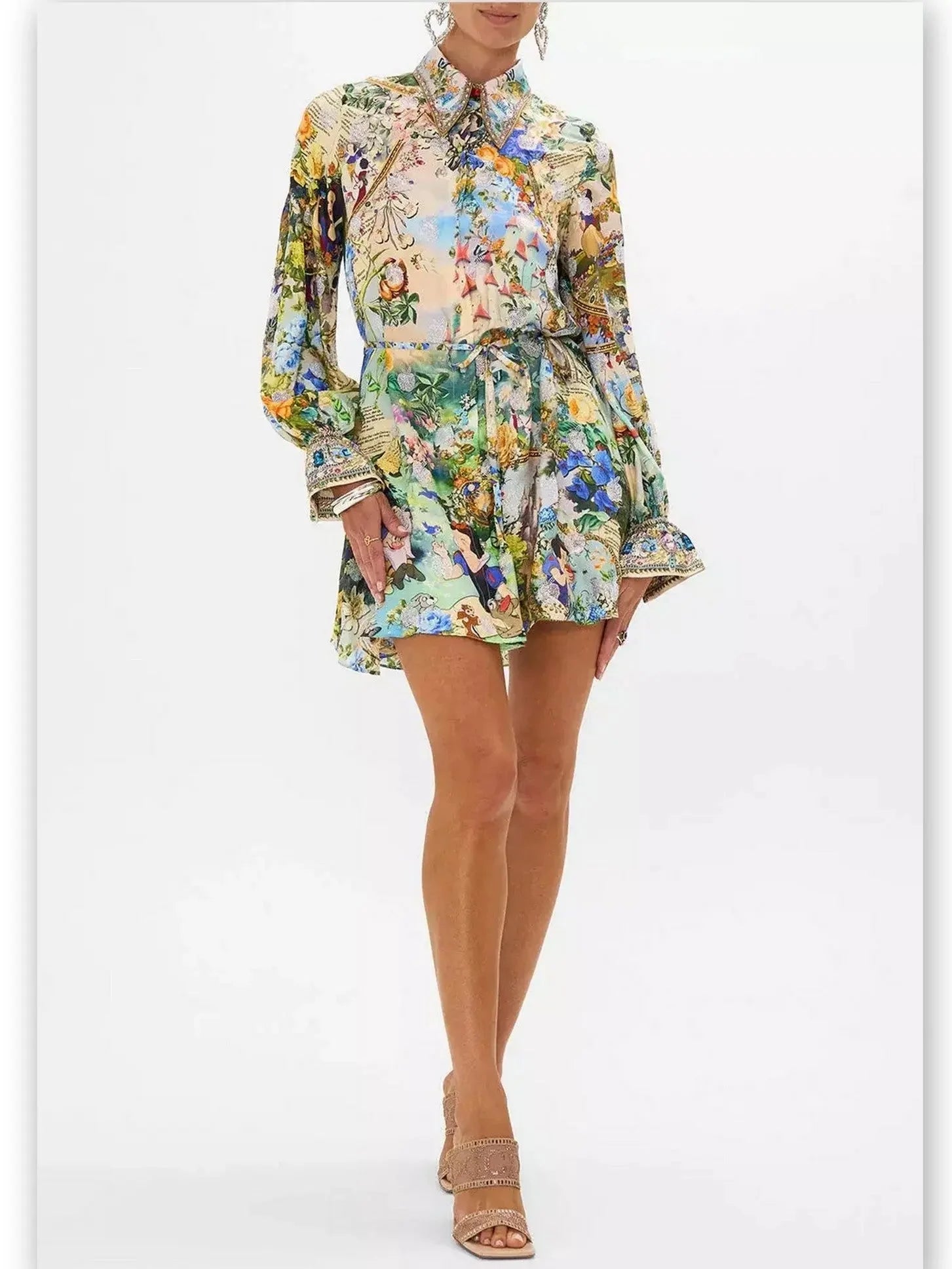 Trendy Pulse Crystal-Embellished Fairy Tale and Floral Printed Mini Shirt Dress