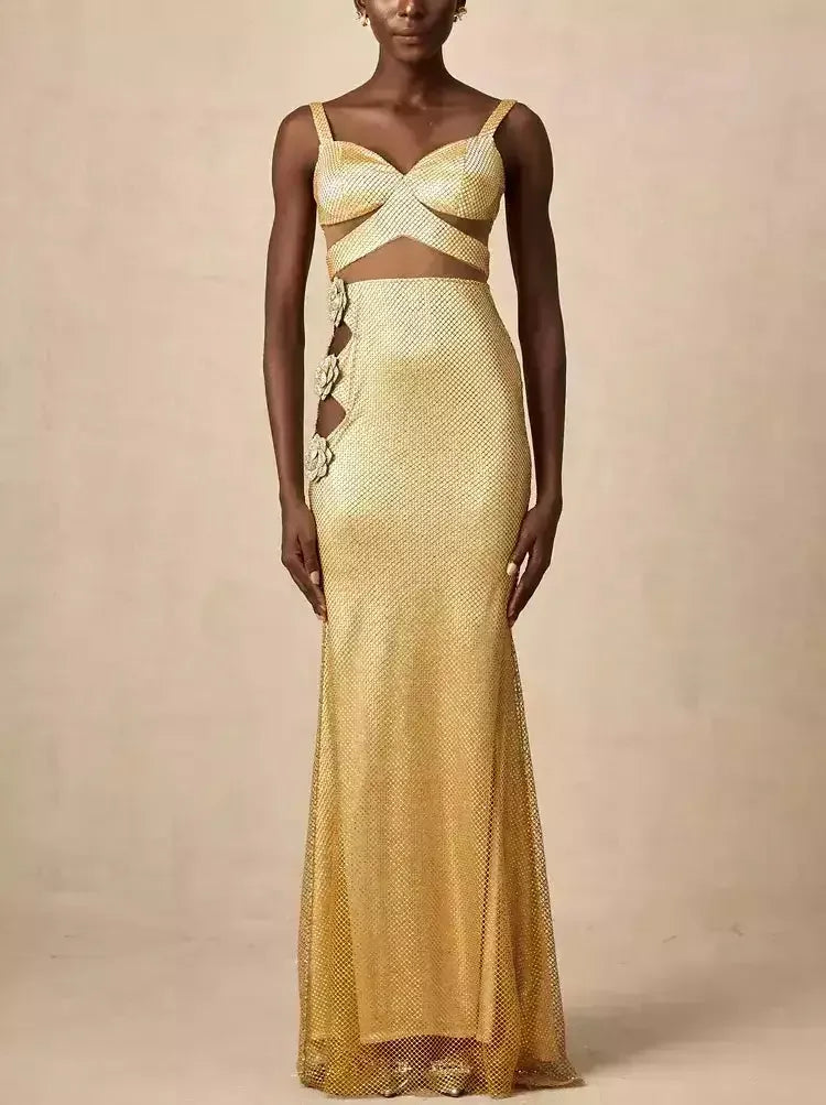 Huge Price Cut Cut-Out Gold Crystal Fishnet Floral-Appliques Maxi Dress