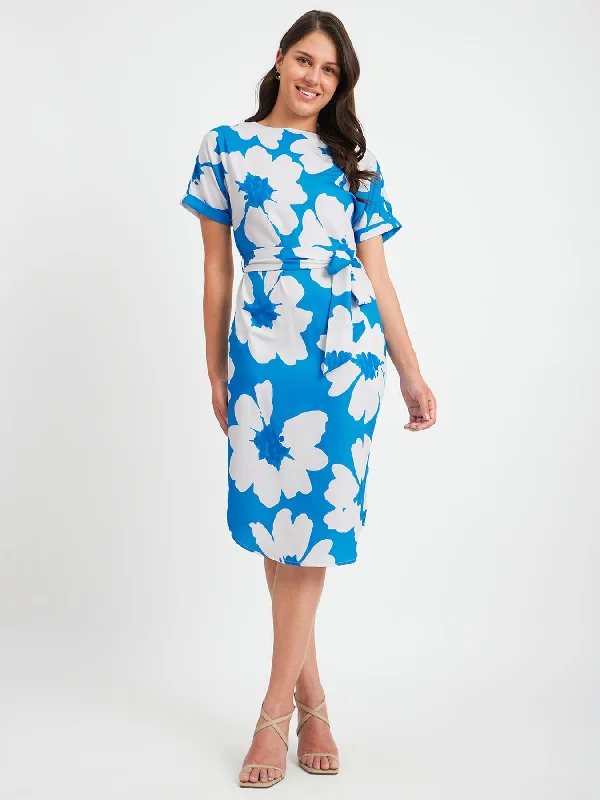 Vibrant Femme Fashion Floral Print Drop Shoulder Dress - Blue And White