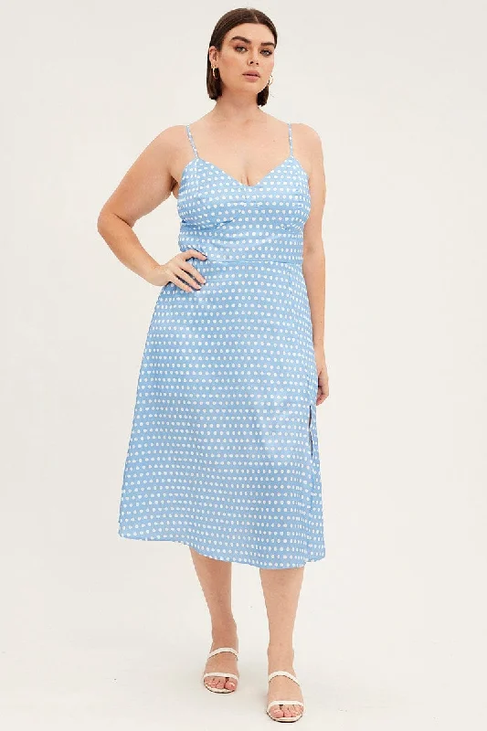 Fast Fashion Favorites Blue Polka Dot Midi Dress Strappy Front Split Satin