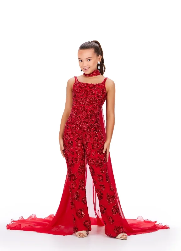 Relaxed Fashion Ashley Lauren Kids 8190 Size 16 Red Beaded With Beaded Choker And Chiffon Cape Jumpsuit