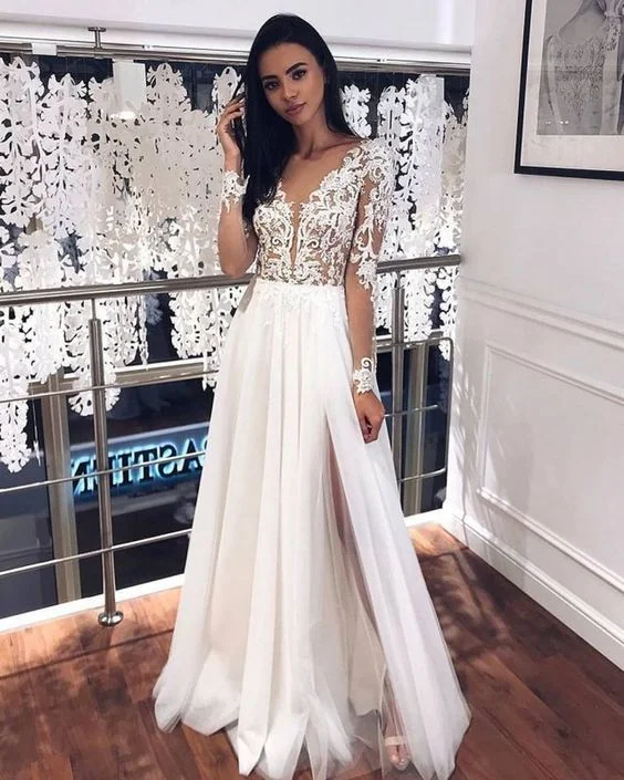 Huge Discounts This Week Fashion V Neck Long Sleeves Split Wedding Dresses  prom Dresses   cg11377