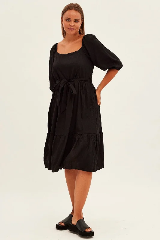 Fashion Forward, Function First Black Midi Dress Puff Sleeve Belt Frill Hem