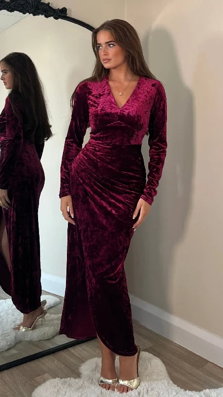 Flash Sales Sigourney Burgundy Velvet Asymmetric Wrap Midi Dress