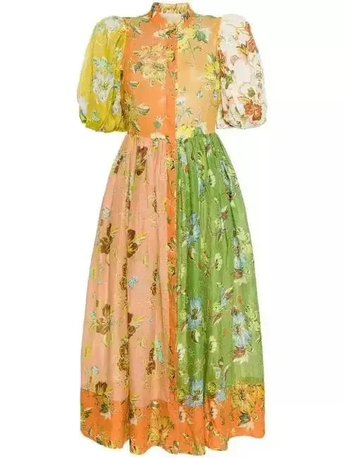 Buy More, Save More Multicolored Floral-Print Puff-Sleeve Linen Midi Dress