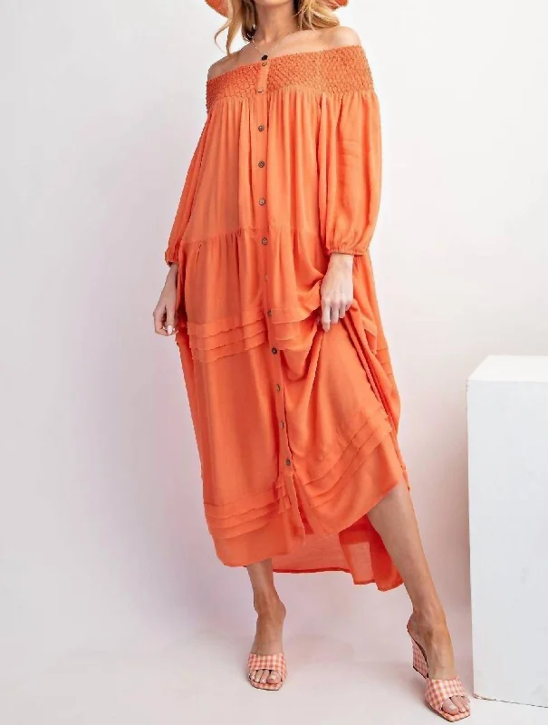 Athleisure Wear Gauze Button Down Maxi Dress In Washed Orange