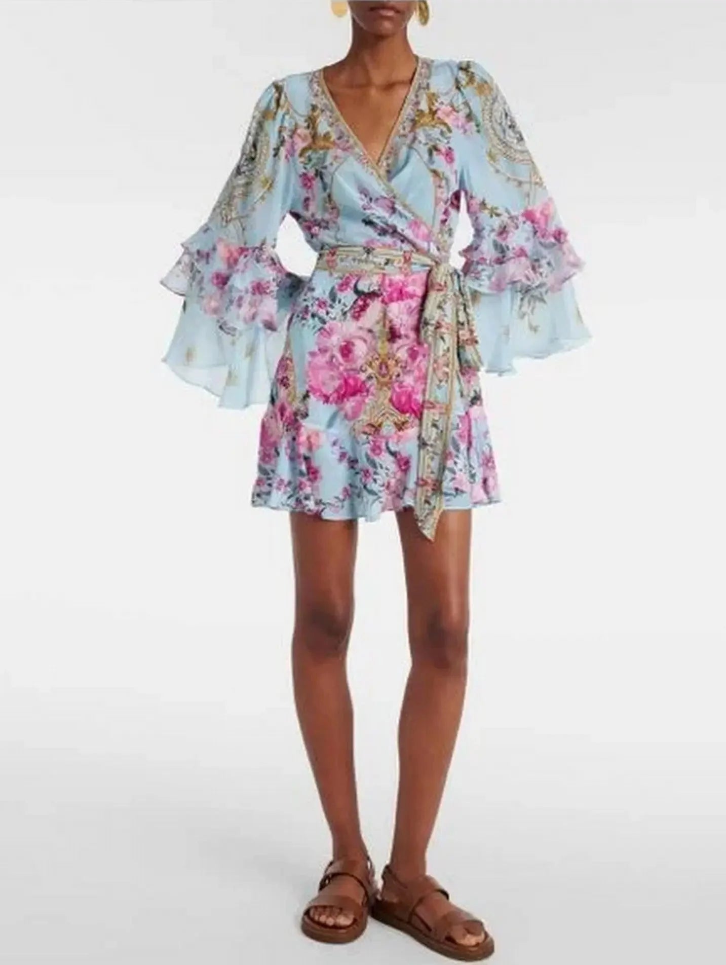 Trend Driven Wardrobe Floral Garden Printed Silk Light Blue Short Dress with Ruffle Sleeves