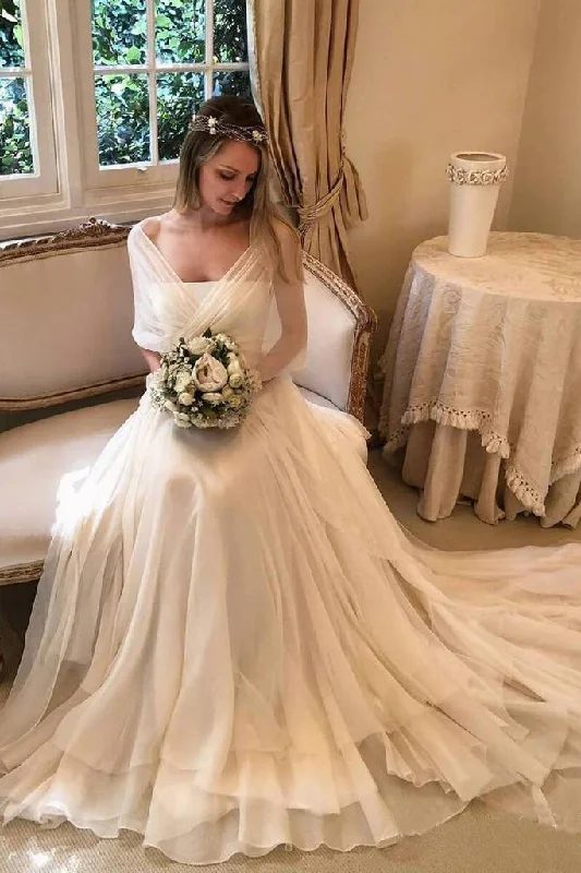 Seasonal Trends Elegant Chiffon Beach Wedding Dresses with Wrap Sleeves Unique Bridal Dresses N1769