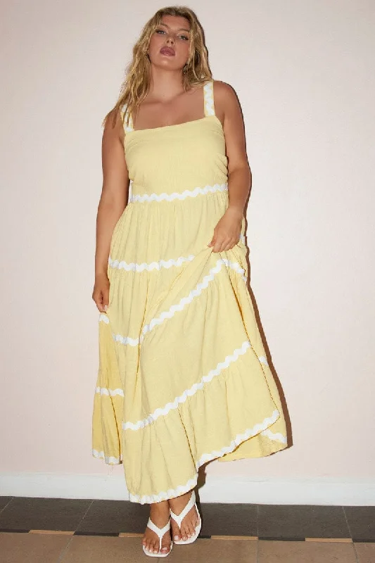 Fashion Deal Yellow Midi Dress Sleeveless Ric Rac Tiered Linen Blend