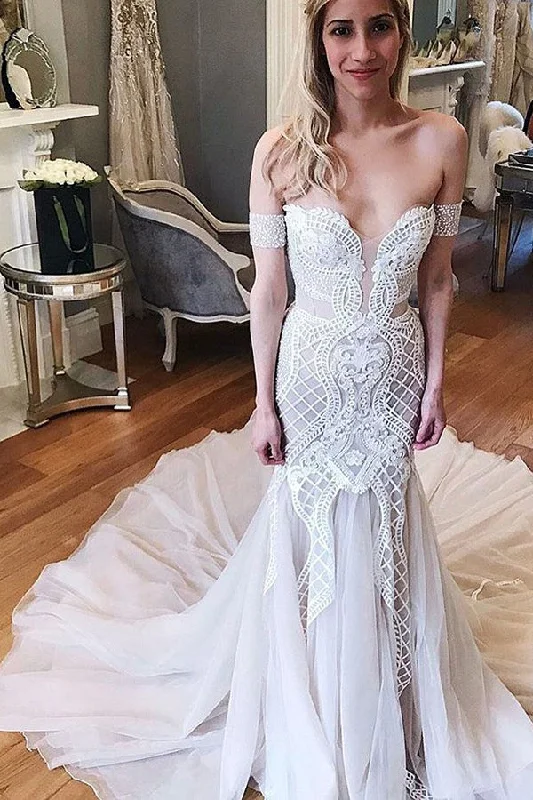 Weekend Sale Gorgeous Mermaid Off-the-Shoulder Chapel Train Ivory Tulle Wedding Dresses Appliques N1506