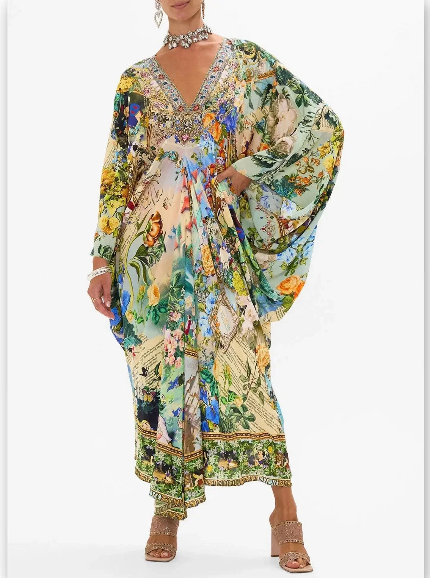 Trendy New Clothes Fairy Tale and Floral Printed Silk Kaftan Dress