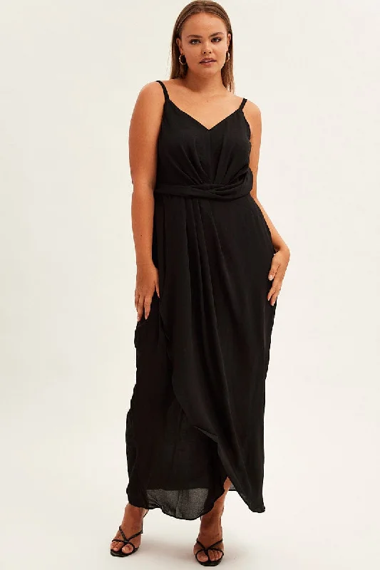 Elegant Attire For The Modern Lady Black Midi Dress Strappy Sleeveless Chiffon Draped