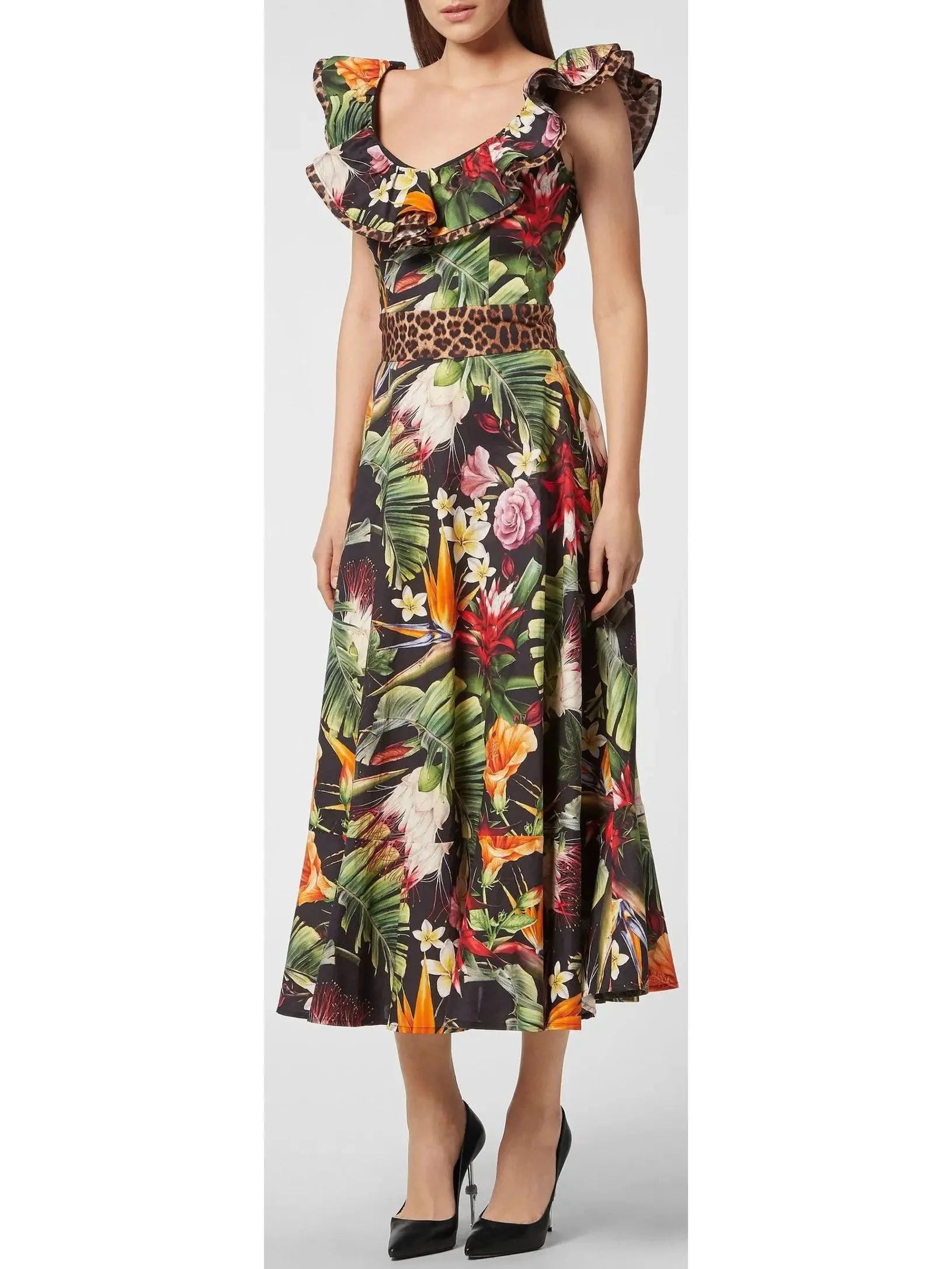 Colorful Clothing Floral Print Leopard-Trim Flared Dress, Black and Multi Colored