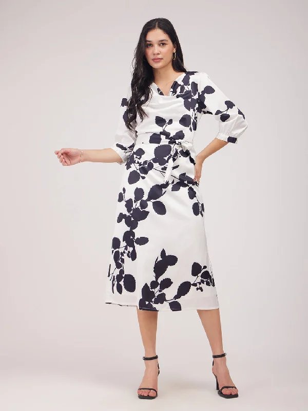 Limited Time Offer Satin Floral Print A-Line Dress - Black And White