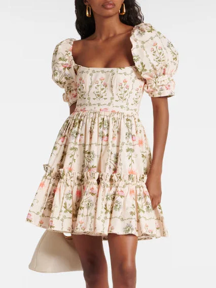 Runway Inspired Wear Floral Puff-Sleeve Frill Cotton Mini Dress