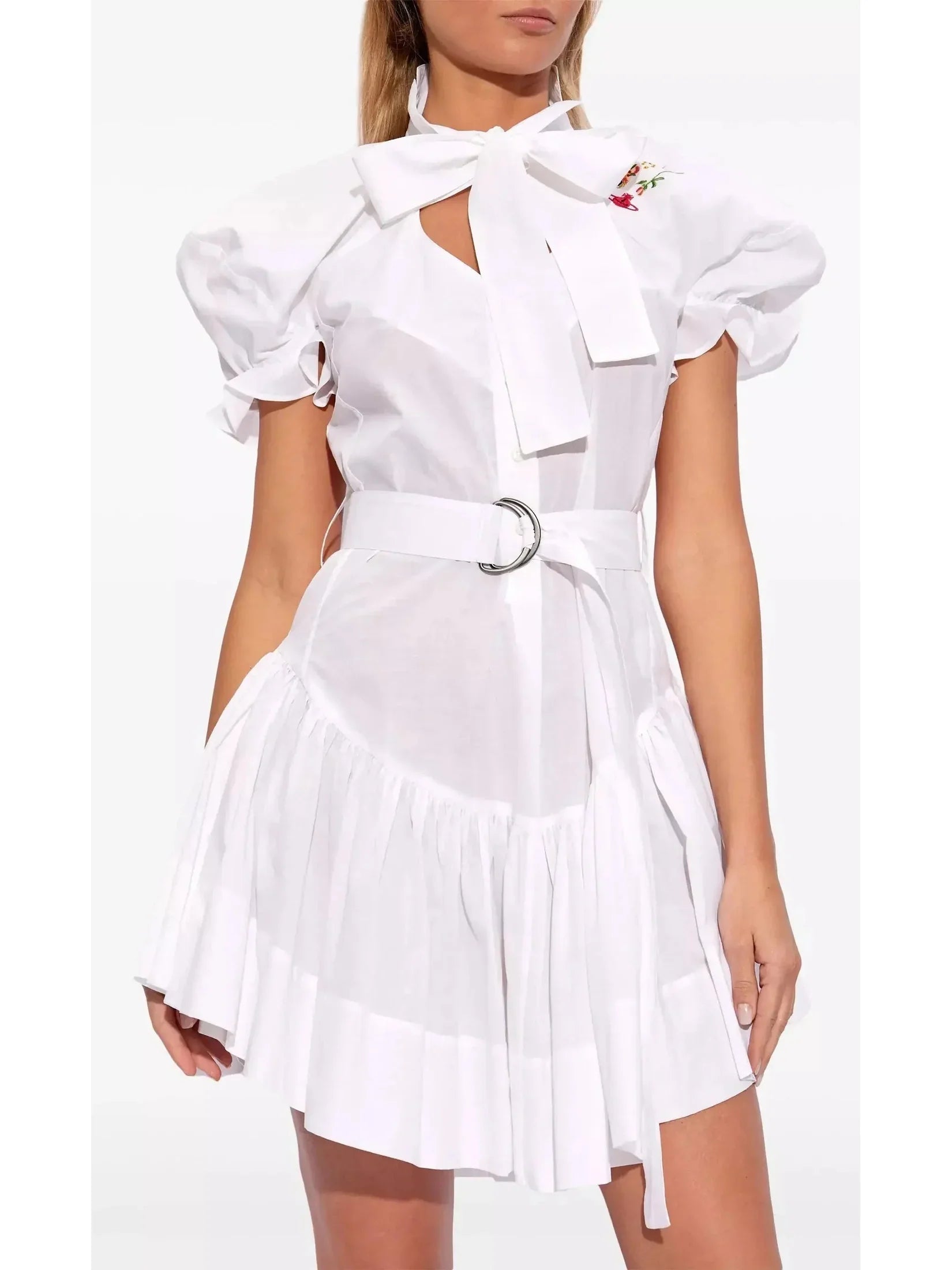 Innovate Your Wardrobe Belted Floral-Embroidered White Cotton Mini Dress