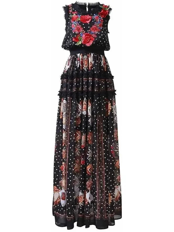 Chic And Trendy Floral Appliques Printed Mesh-Ruffled-Trim Maxi Dress