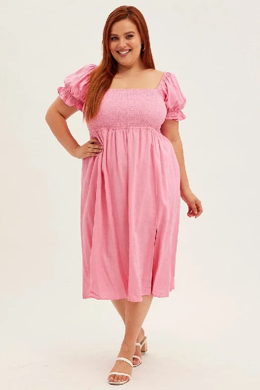 Women's Fashion Hotspots Pink Shirred Short Sleeve Linen Blend Midi Dress