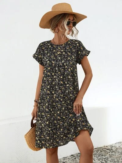 Women's Clothing Sale Frill Floral Round Neck Short Sleeve Tiered Dress