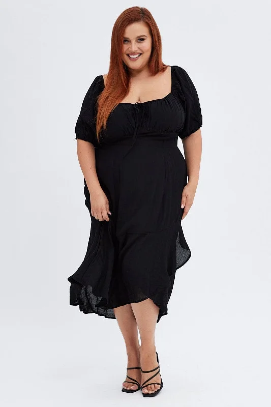 Chic And Trendy Black Midi Dress Short Sleeve Ruffle Ruched Bust