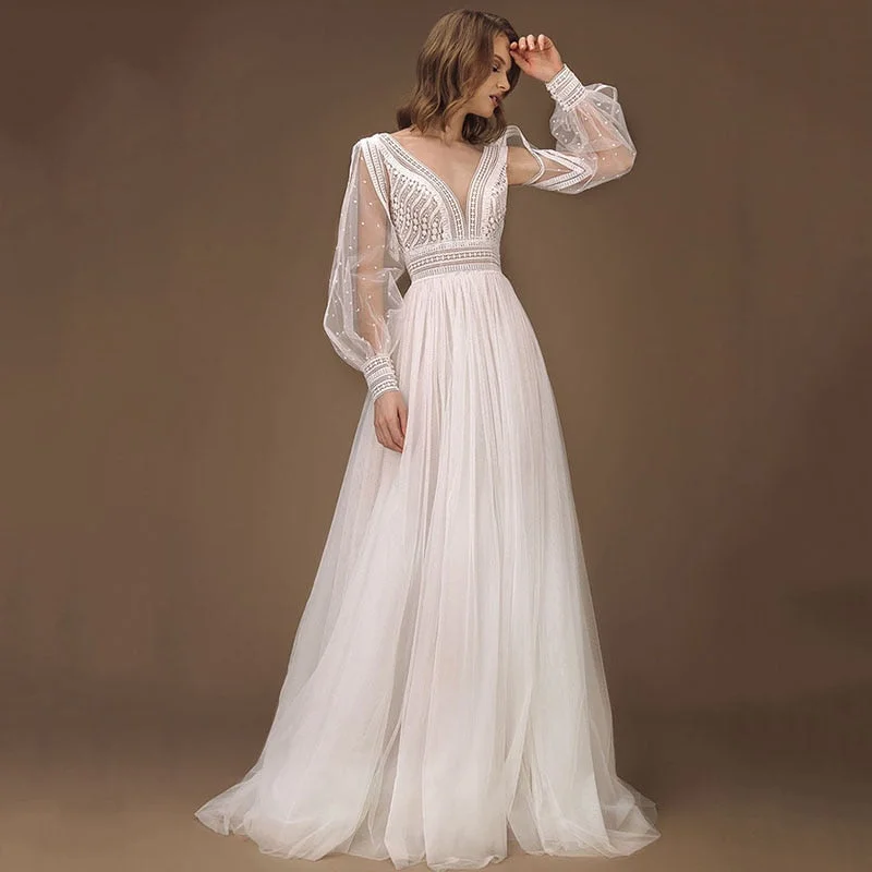 Seasonal Sale Roycebridal Elegant A-Line Wedding Dress Puff Sleeves Tulle Boho Wedding Gowns Sexy Backless Vestido De Novia Princess Wedding Party Dress