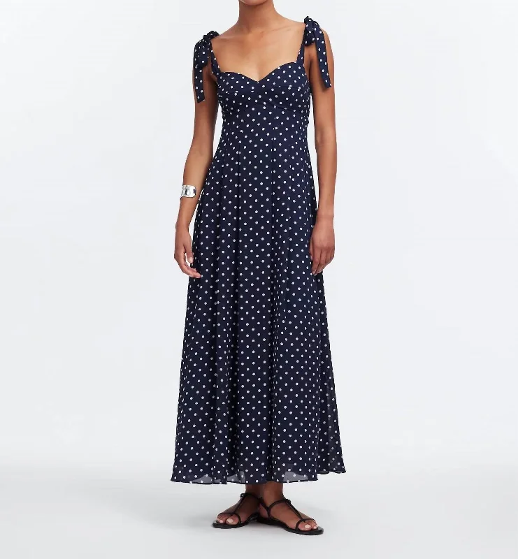 Vibrant Styles Pleated Sweetheart Midi Dress In Polka Dot In Blue