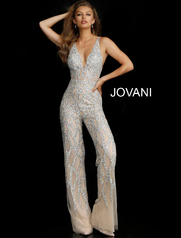 Everyday Wear Jovani 61573 Size 4 Silver Nude Crystal Beaded Pageant Formal Couture Jumpsuit