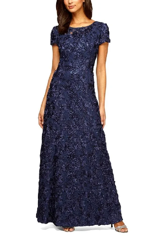 Women Apparel Alex Evenings - 212788 Rosette Lace Sequin Short Sleeve A-Line Gown